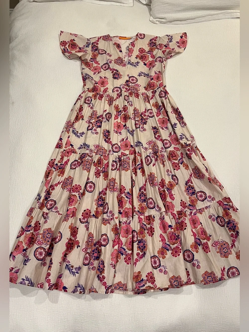 Oliphant Cream Maxi Dress with Pink & Purple Floral Print Small - Picture 2 of 10
